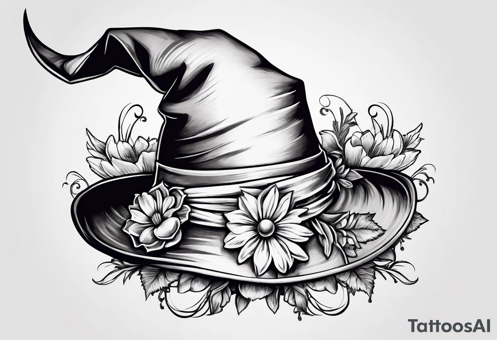 A witch hat tattoo with two ribbons coming down to form a loose bow and daisies and lavender adorning the brim tattoo idea