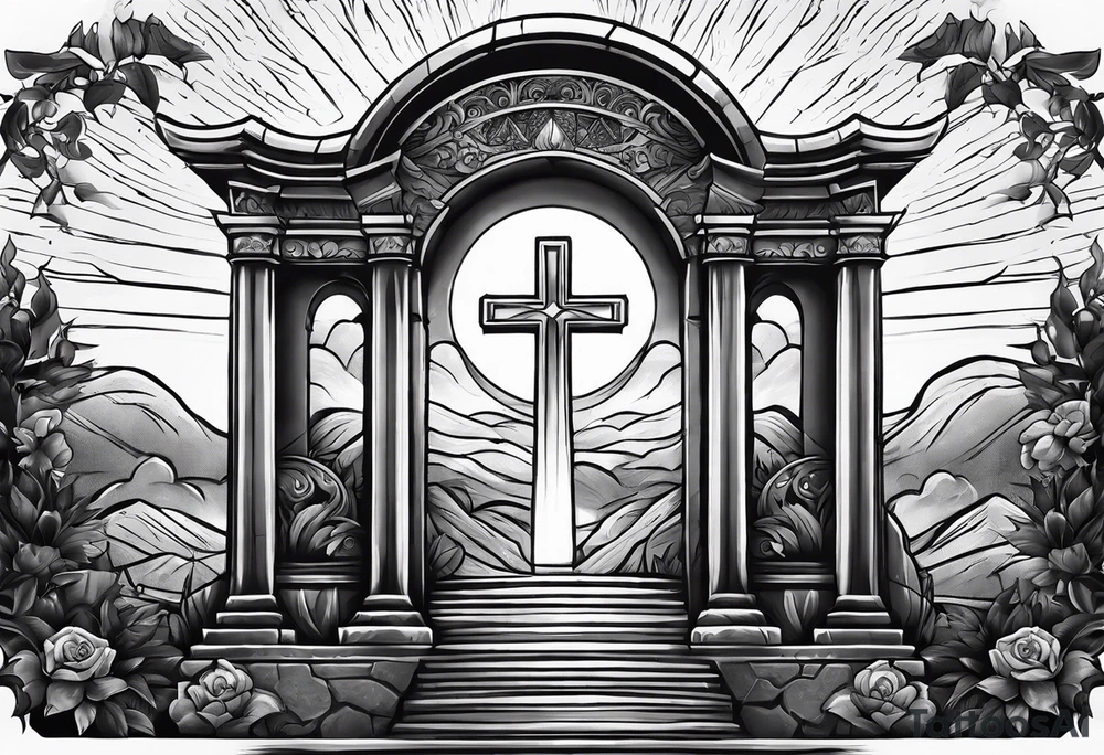 Tomb with cross and sun in the background tattoo idea