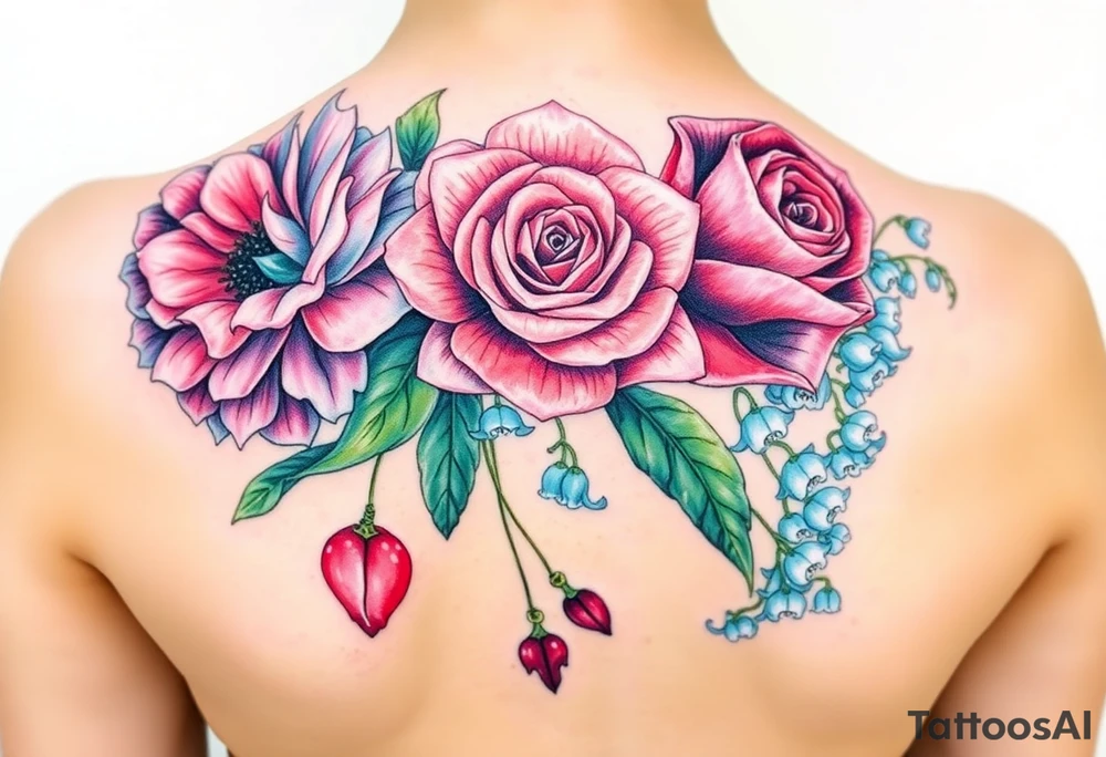 Bouquet of flowers with a carnation, rose, Lily of the valley, delphinium with stems going down Spain tattoo idea