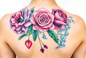 Bouquet of flowers with a carnation, rose, Lily of the valley, delphinium with stems going down Spain tattoo idea