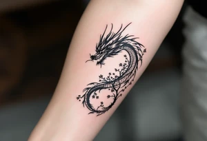 dragon japanese style sakura trees abstract lines dark/rough aesthetic tattoo idea