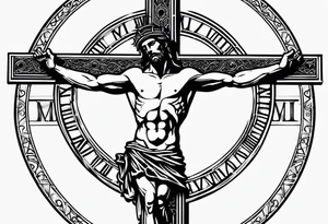 Crucified man inside a circle of Roman numerals tattoo idea