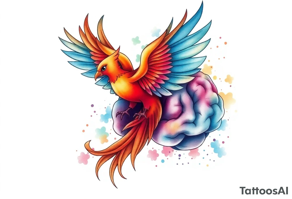 Colorful phoenix flying out of a realistic brain tattoo idea