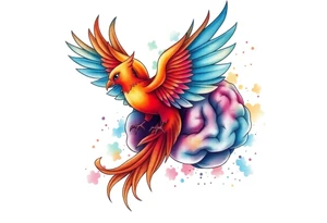 Colorful phoenix flying out of a realistic brain tattoo idea