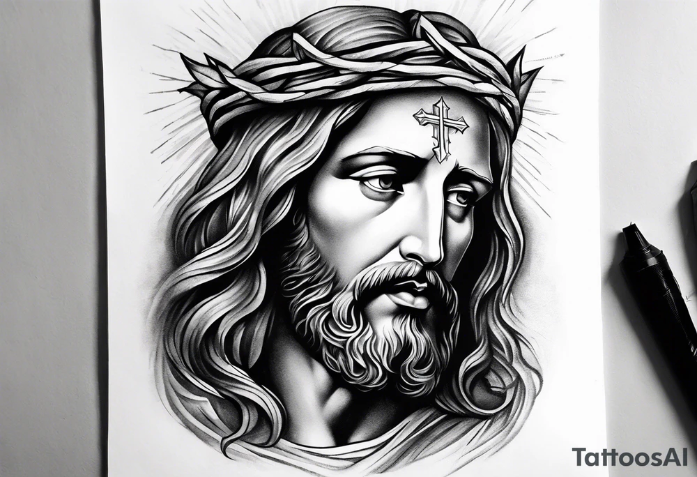 jesus side leg tattoo with a cross and bible verse tattoo idea