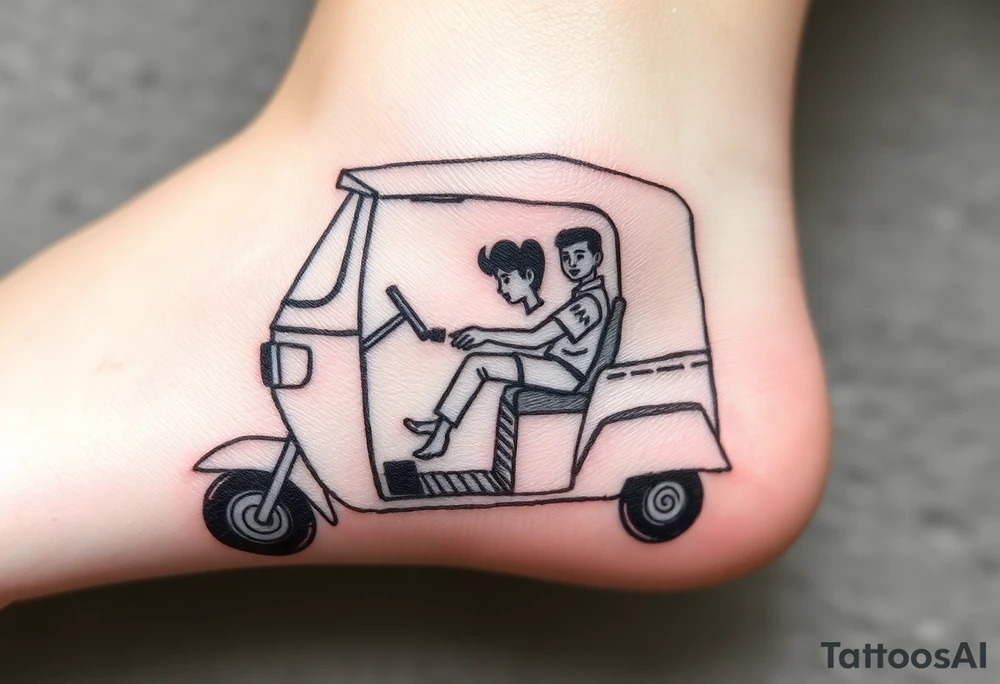 Create a simple tuk tuk. Add a boy in the vehicle. Add a heart to indicate that the boy is in love. tattoo idea