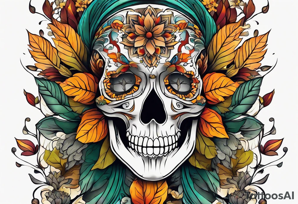 Front knee tattoo with fall colors, flowers, leaves, water flow tattoo idea