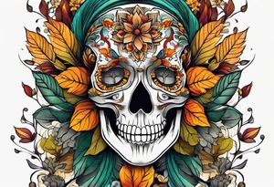 Front knee tattoo with fall colors, flowers, leaves, water flow tattoo idea