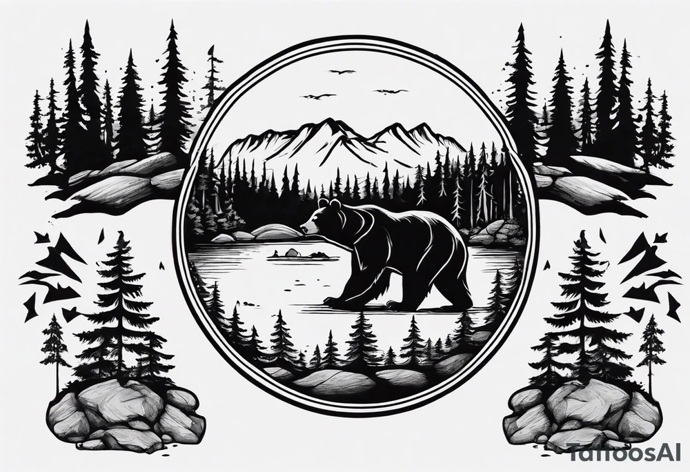 bear, forest, lake, appalachia, arm sleeve tattoo tattoo idea