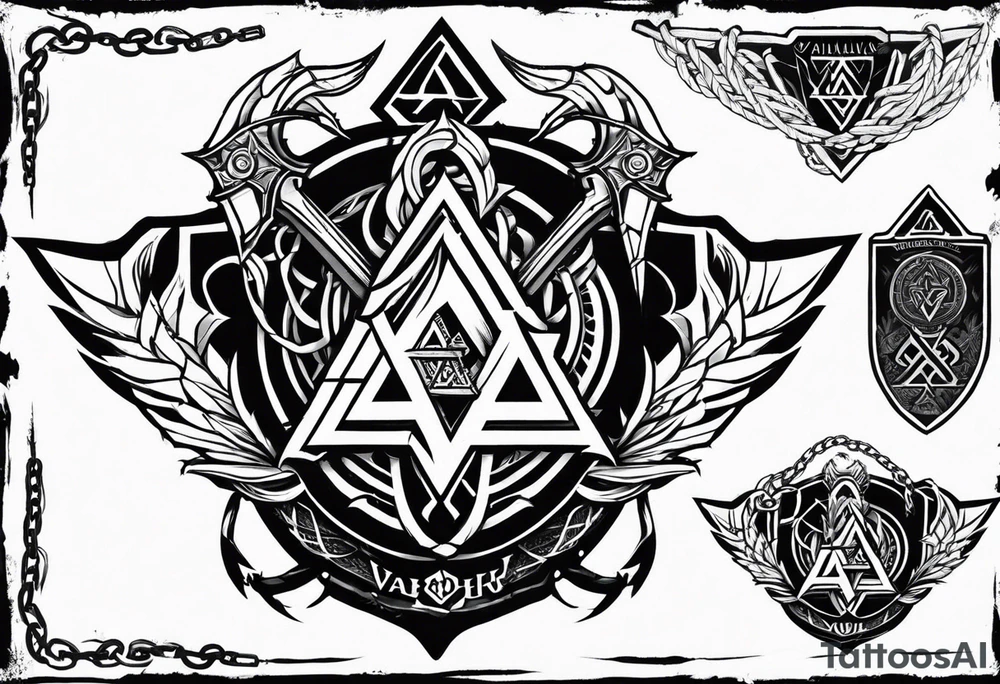 Valhalla sword shield dragon axe Valknut barbed wire chains fire tattoo idea