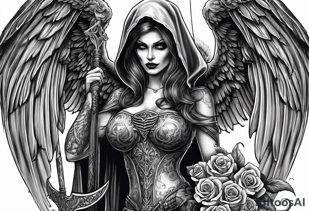 Lady death grim reaper with angel wings, scythe and skulls and roses tattoo idea
