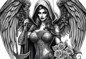 Lady death grim reaper with angel wings, scythe and skulls and roses tattoo idea