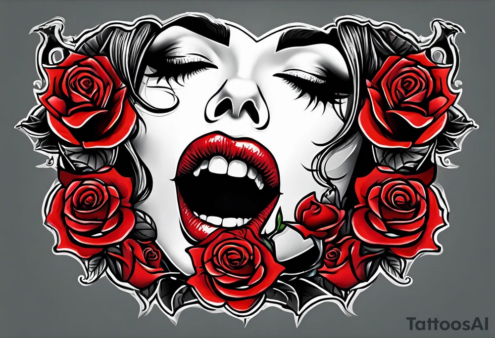 Sexy vampire mouth biting rose tattoo idea
