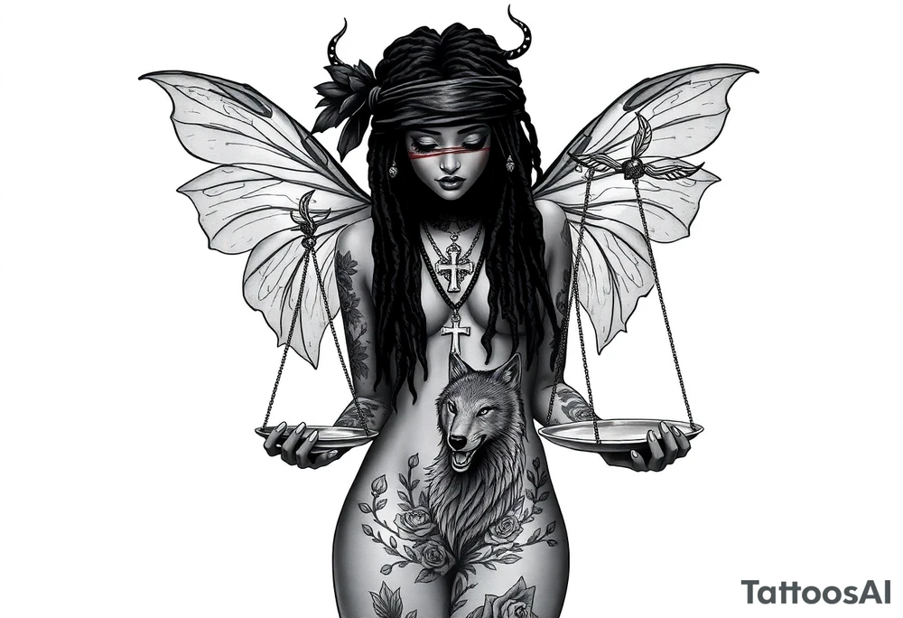 Black Sylph with dreads wearing blind fold and ankh cross pendant with tattoos holding weighing scales with the rose vines surrounding and grey wolf tattoo idea