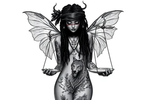 Black Sylph with dreads wearing blind fold and ankh cross pendant with tattoos holding weighing scales with the rose vines surrounding and grey wolf tattoo idea