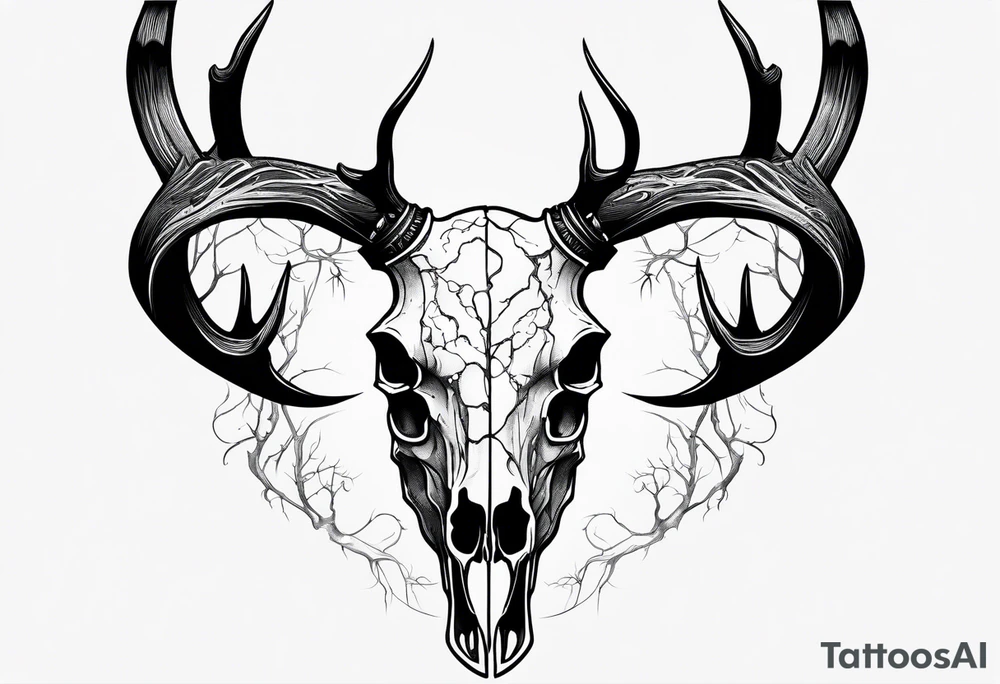 A side profile of decayed deer skull head in a forest fire tattoo idea