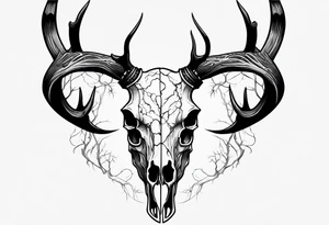 A side profile of decayed deer skull head in a forest fire tattoo idea