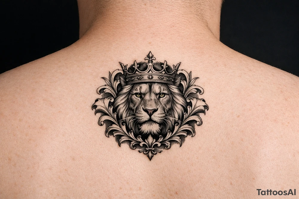 powerful majestic lion with a crown, framed by ornate floral scrollwork tattoo idea