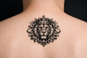 powerful majestic lion with a crown, framed by ornate floral scrollwork tattoo idea