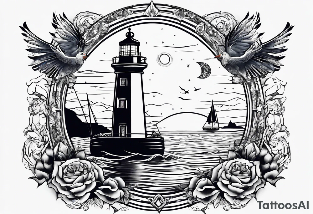 bateau, phare maritime, phoenix, rose des vents et lune bleu. tattoo idea