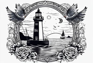 bateau, phare maritime, phoenix, rose des vents et lune bleu. tattoo idea