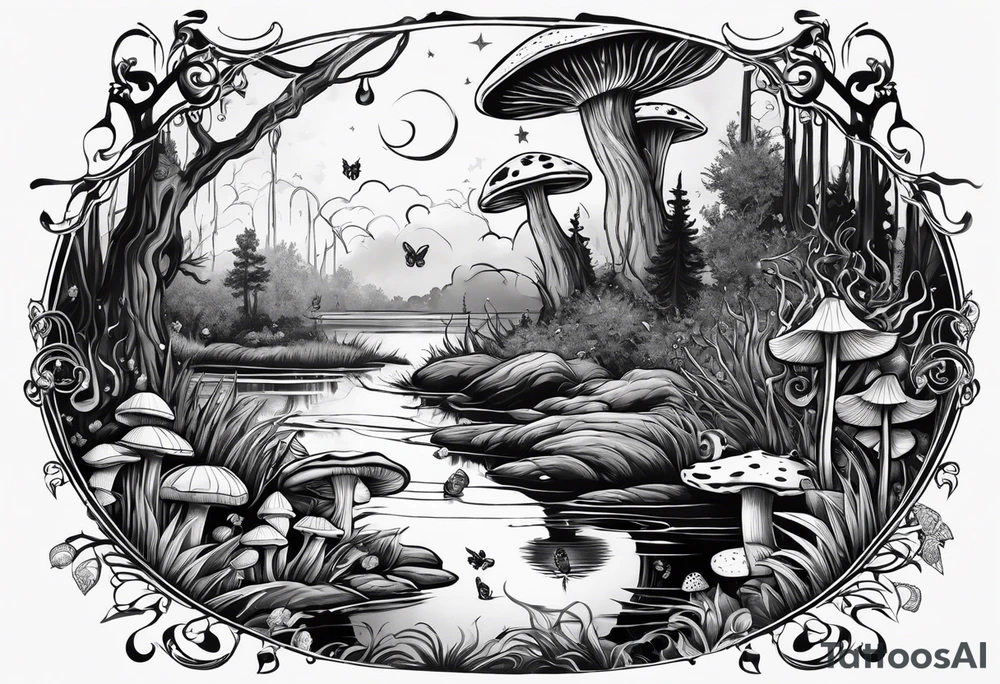 A siren under the stars in a swamp with cypress trees, mushrooms, frogs and bugs. tattoo idea