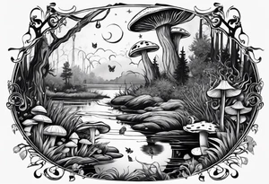 A siren under the stars in a swamp with cypress trees, mushrooms, frogs and bugs. tattoo idea