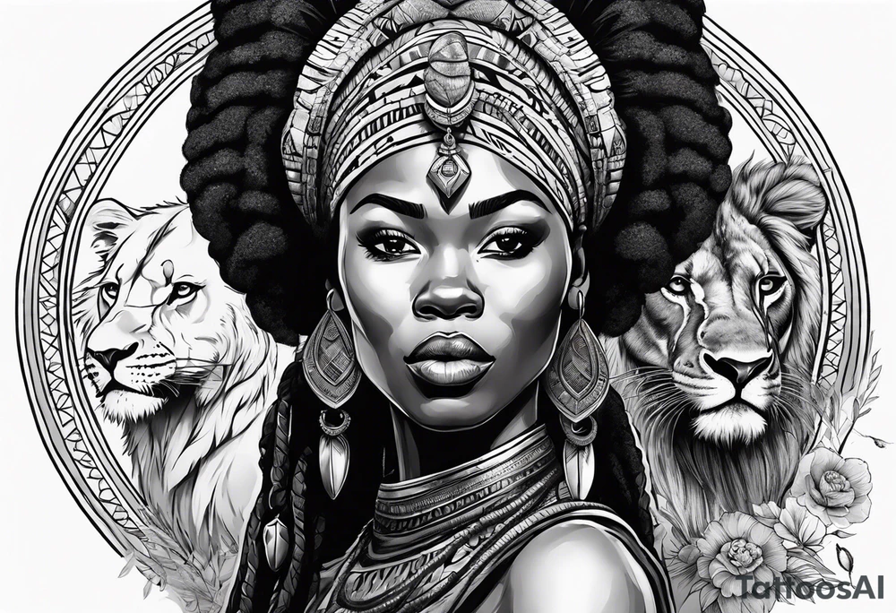 African woman warrior holding spear with deadlocks and earrings. With lion and birds in the background tattoo idea