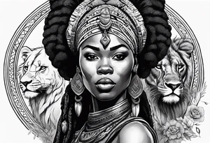 African woman warrior holding spear with deadlocks and earrings. With lion and birds in the background tattoo idea