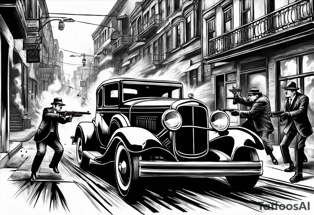 Al Capone style gangsters fighting with machine guns, set with a 1930s city street background, include a 1930's car speeding by , flames and smoke, bullets flying tattoo idea