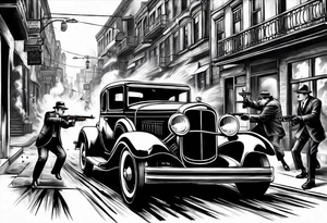 Al Capone style gangsters fighting with machine guns, set with a 1930s city street background, include a 1930's car speeding by , flames and smoke, bullets flying tattoo idea