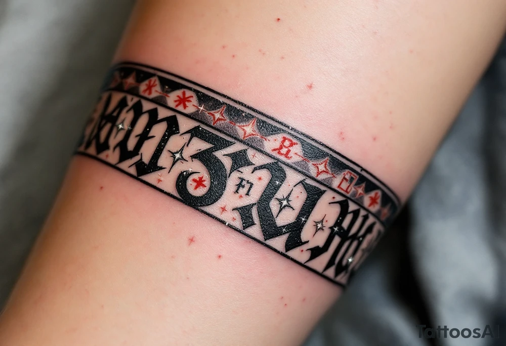 Slavic Runes – A band of red-etched runes on a black ribbon wrapping around a weathered forearm, with sparks of silver between symbols. tattoo idea
