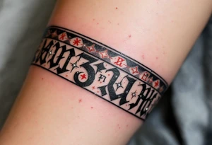 Slavic Runes – A band of red-etched runes on a black ribbon wrapping around a weathered forearm, with sparks of silver between symbols. tattoo idea