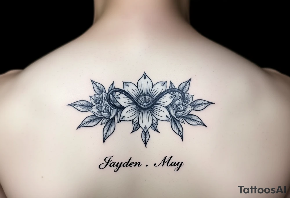 January December july birth Flower infinity sign and the names Jayden Maya tattoo idea