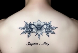 January December july birth Flower infinity sign and the names Jayden Maya tattoo idea