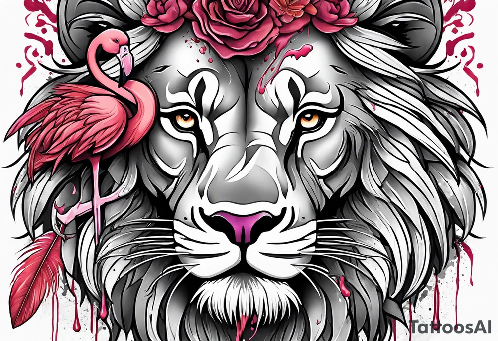 powerful majestic lion, eating a flamingo with feathers and blood and guts tattoo idea