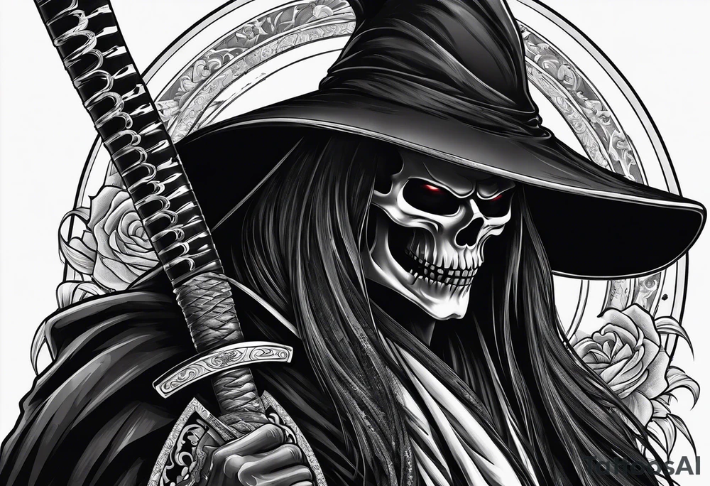 katana with grim reaper and skull tattoo idea