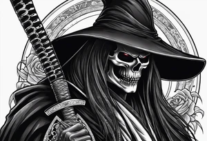 katana with grim reaper and skull tattoo idea