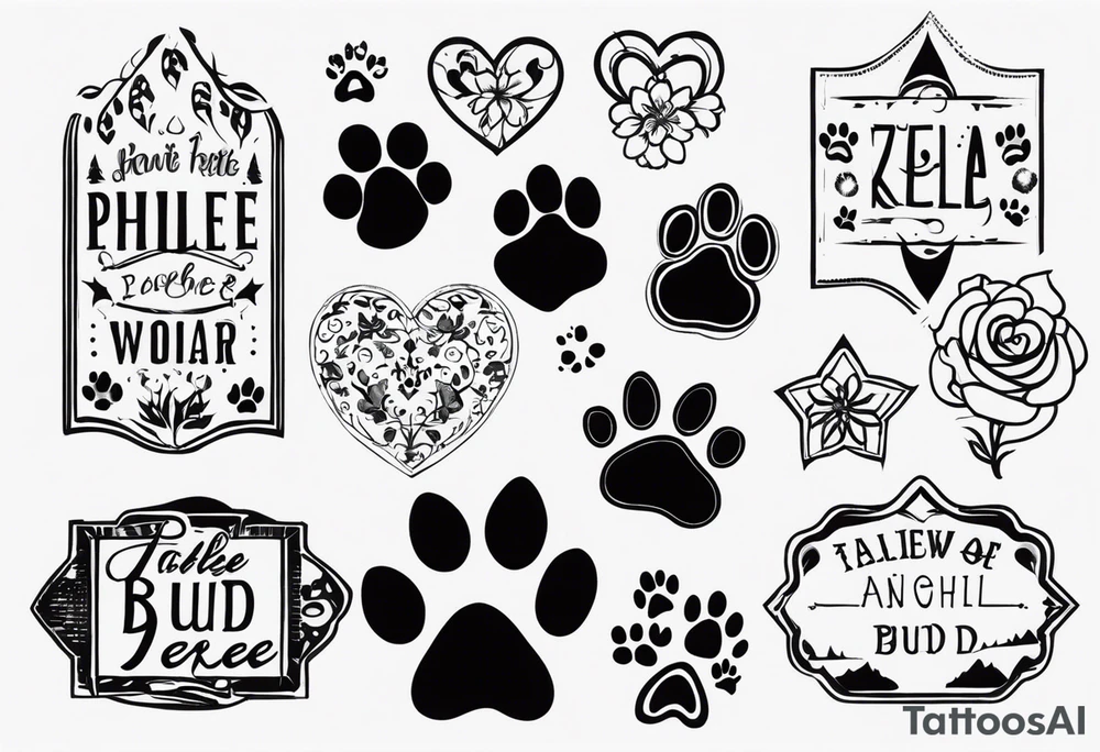 Tattoo including a paw print one for each of my dogs their names are "Tasha Katie Kiera Zeke Pixie Bud Bear" tattoo idea