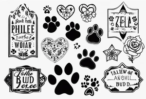 Tattoo including a paw print one for each of my dogs their names are "Tasha Katie Kiera Zeke Pixie Bud Bear" tattoo idea