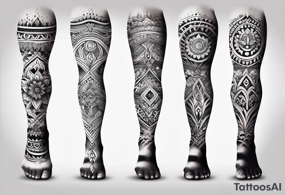 Hindu Sanskrit tribal design on right lower leg, below knee to top of feet tattoo idea