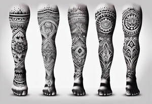 Hindu Sanskrit tribal design on right lower leg, below knee to top of feet tattoo idea