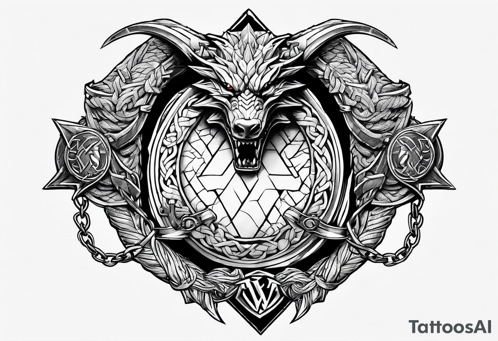 Valhalla sword shield dragon axe Valknut barbed wire chains tattoo idea