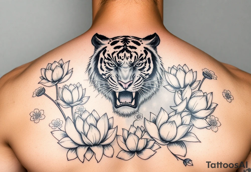 fierce tiger emerging through blooming lotus flowers in mist tattoo idea