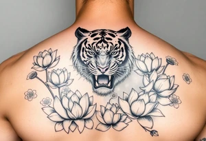 fierce tiger emerging through blooming lotus flowers in mist tattoo idea