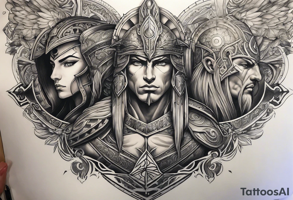 Chronos and Kairos represented as warriors arm sleeve tattoo idea