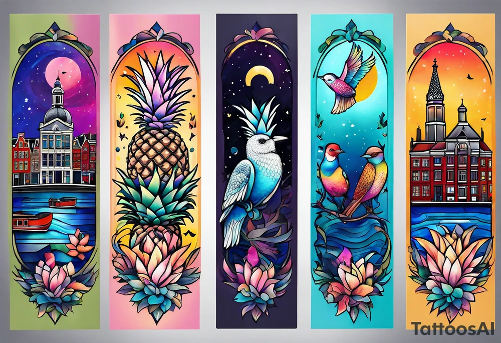 Tattoo of animals made from glass in Amsterdam featuring Amsterdam buildings and canal in galaxy colours featuring pineapples and birds tattoo idea