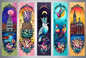 Tattoo of animals made from glass in Amsterdam featuring Amsterdam buildings and canal in galaxy colours featuring pineapples and birds tattoo idea
