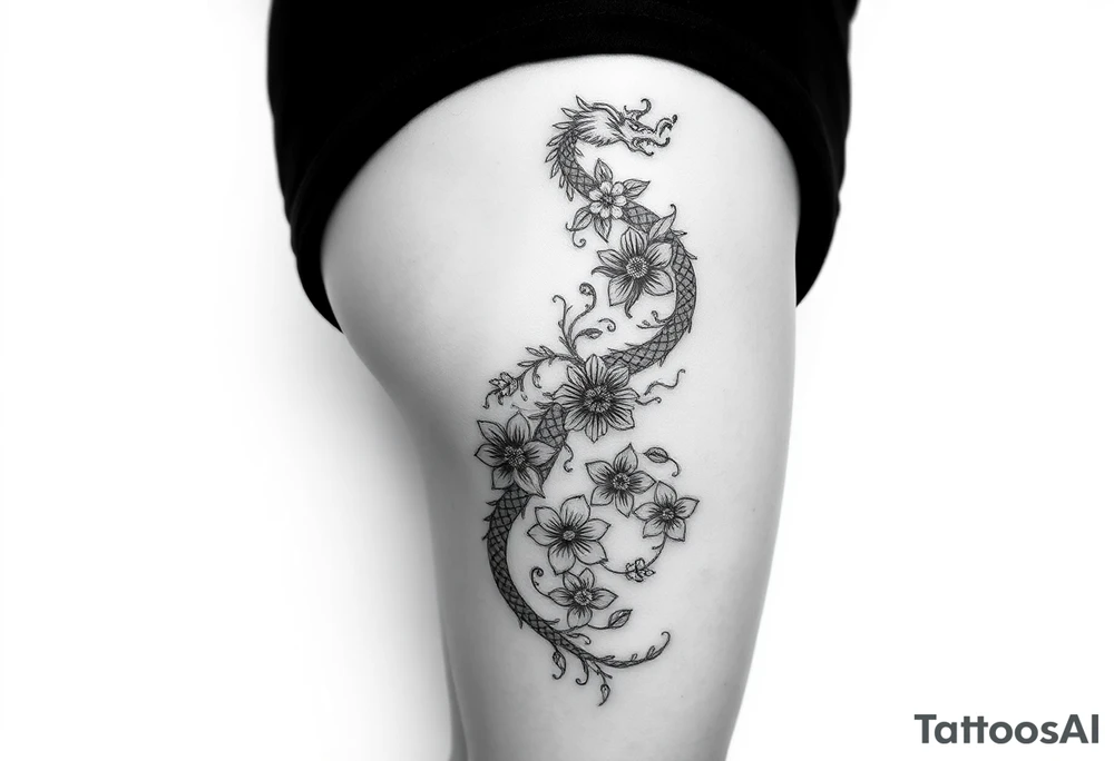Leg area back of calf dragon going up 4 flowers
 Dragon flipped closer to the third one down realistic femine tattoo idea