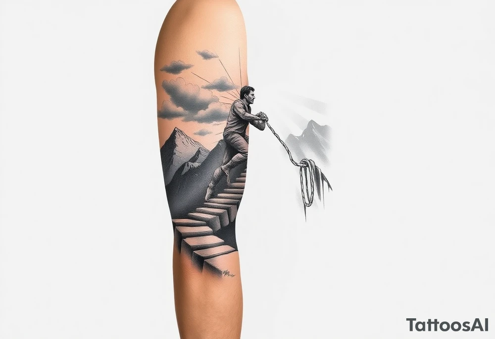 A black and grey tattoo sleeve design featuring a rugged mountain path winding upwards, symbolizing perseverance. A lone figure climbs the path with torn but determined hands gripping a rope. The background fades into storm clouds with rays of light breaking through, symbolizing divine favor. The texture of the tattoo is realistic with fine details, blending elements of stoicism, grit, and faith. The design flows seamlessly from forearm to upper arm, with darker tones at the bottom and lighter tones at the top. tattoo idea